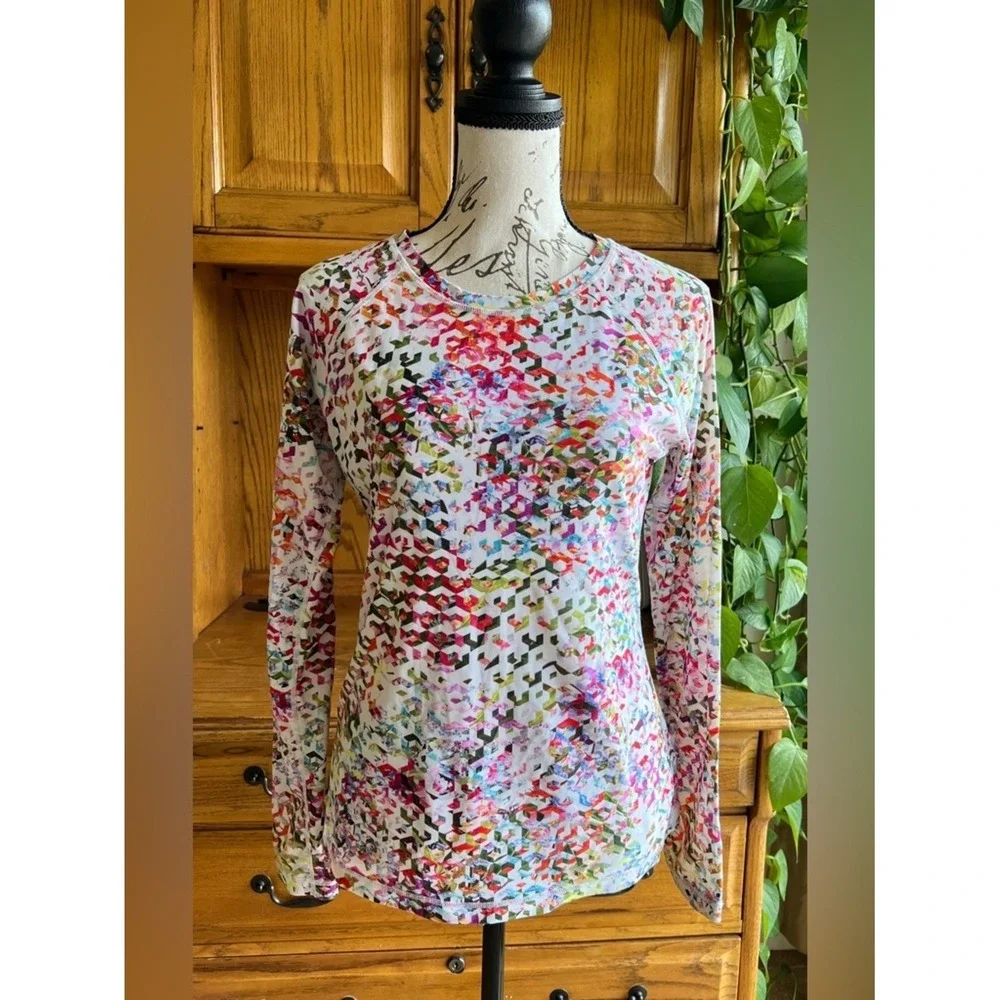 Athleta Women's Multi Color Geometric Rashguard Swim Shirt Long Sleeve Small